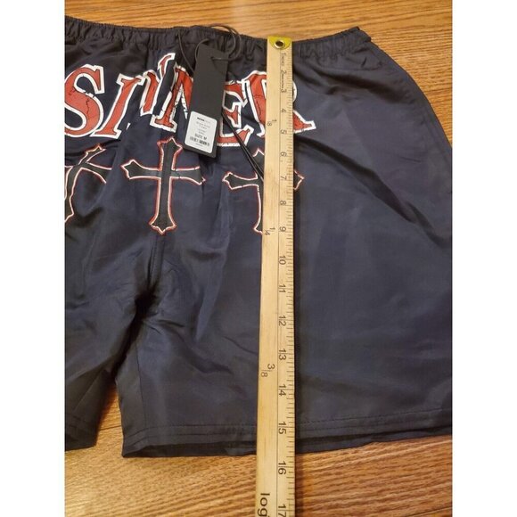 Fashion Nova Swimtrunks Men's Size M Black Red Sinner Crucifix's Mesh Lining NWT - Picture 6 of 11
